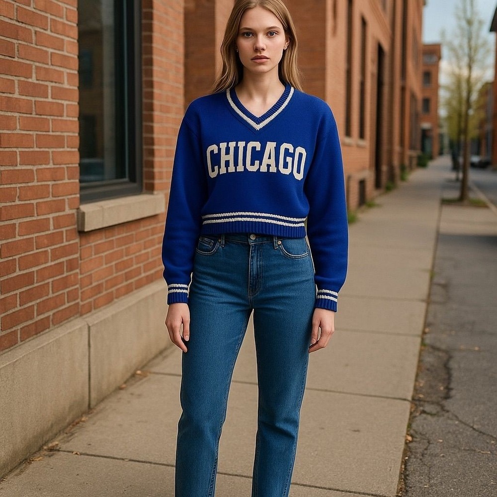 DIVIDED Women's V-Neck Sweater Blue "Chicago"‎ Design Size S